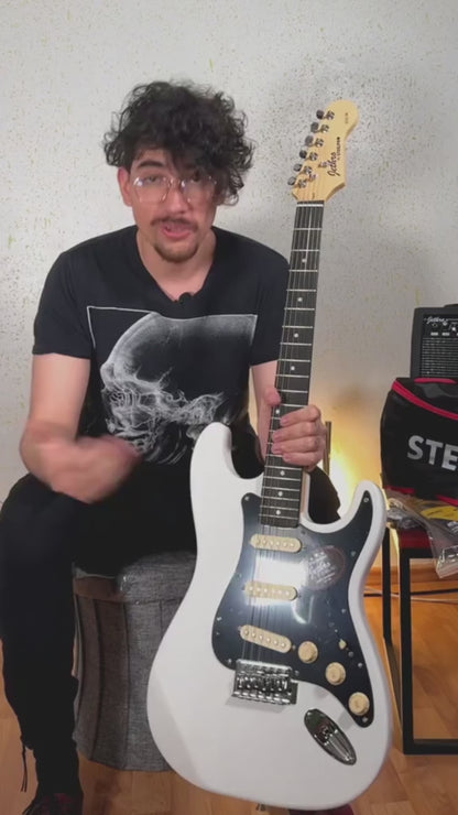 023-SK White Kit Guitarra Eléctrica Con Amplificador 20W Funda Atril Cable Profesional Para Diestros Jethro By Steelpro
