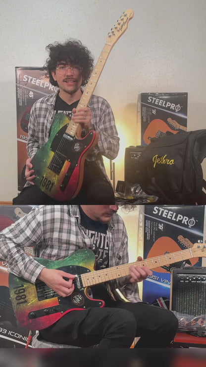 074-SK Kit Guitarra Eléctrica Green Yellow Red Con Amplificador 20W y Accesorios Para Diestros Jethro By Steelpro