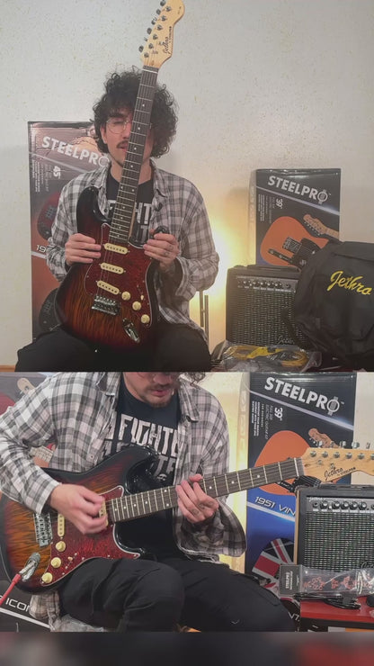 021-SK Ash Burl 3 Tone Sunburst Kit Guitarra Eléctrica Con Amplificador 20W Funda Atril Cable Profesional Para Diestros Jethro By Steelpro