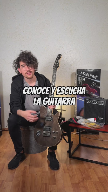 054-SK Black Veneer Kit Guitarra Eléctrica Con Amplificador 20W Funda Atril Cable Profesional Para Diestros Jethro By Steelpro