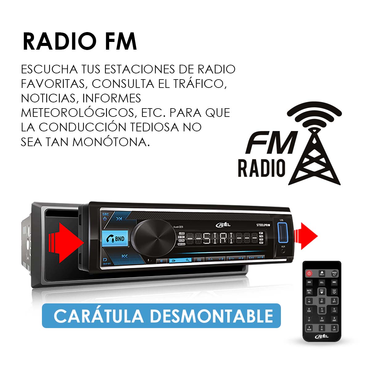 Autoestéreo 1 Din Axel AXEL-009 Bluetooth App 100W x4 USB RCA Subwoofer Carátula Desmontable